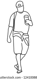 Walking man silhouette, black and white sketch. Line art.