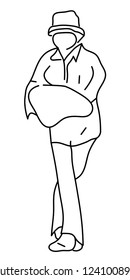 Walking man silhouette, black and white sketch. Line art.