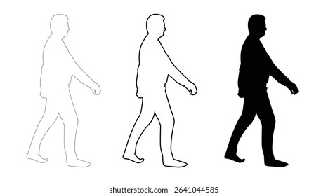 Walking Man Silhouette Isolated on White Different Versions. People and activities concept vector art