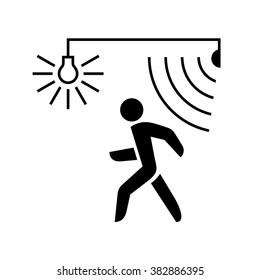 Walking man silhouette with lamp and sensor waves. Black color.