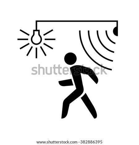 Walking man silhouette with lamp and sensor waves. Black color.