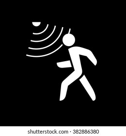 Walking man silhouette with motion sensor. White on black background.