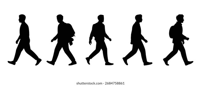 Walking man silhouette set vector on white background. person, people, walk, male, figure, human, movement, motion, activity, symbol.