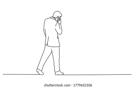 Walking man speaking on cell phone. Rear view. Line drawing vector illustration.