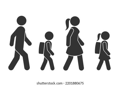 Walking Man, Woman, Boy And Girl Icons. Vector Sign For Pedestrian Crossing Or Warning Symbol. Icon Set Of People Moving Forward, Side View.