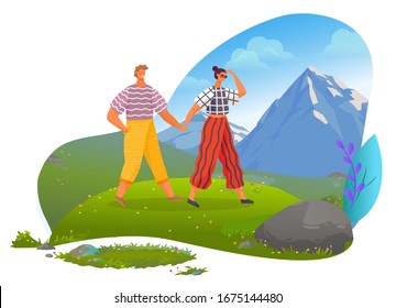 Walking man and woman holding hands. Boyfriend and girlfriend on vacation spending time in mountains. Male and female wearing light summer clothes. Personages in love outdoors vector in flat