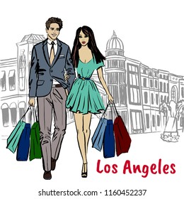Walking man and woman on Rodeo Drive in Los Angeles. Hand-drawn illustration. Fashion sketch