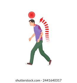 Walking man in wrong spine posture. Spine problems, bad walking pose cartoon vector illustration