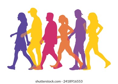 Walking marathon, people run, colorful poster. Vector illustration background silhouette