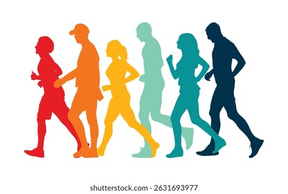 Walking marathon, people run, colorful poster. Vector illustration background silhouette