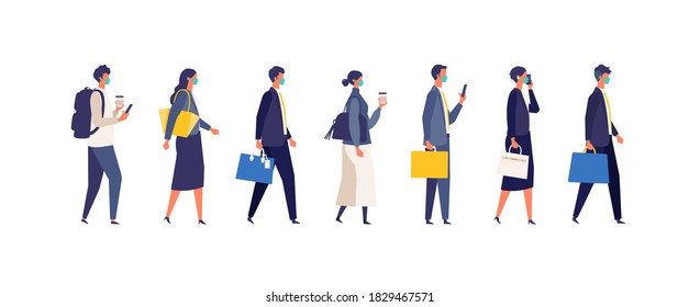 Walking masked businessman character design in different poses. Vector illustration in flat style.