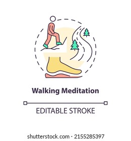 Walking meditation concept icon. Mindfulness technique abstract idea thin line illustration. Connecting with nature. Isolated outline drawing. Editable stroke. Arial, Myriad Pro-Bold fonts used