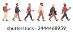 Walking men. Male characters going to office or walking, pedestrians walk, guys walk together flat vector illustration set. Stylish men group on walk