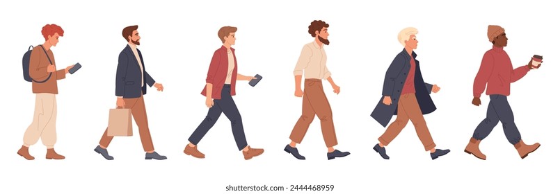 Walking men. Male characters going to office or walking, pedestrians walk, guys walk together flat vector illustration set. Stylish men group on walk