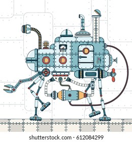 Walking metal machine, with various pipes, hoses, devices and with  mechanical arm. On an industrial background. Color vector illustration of a steampunk style.