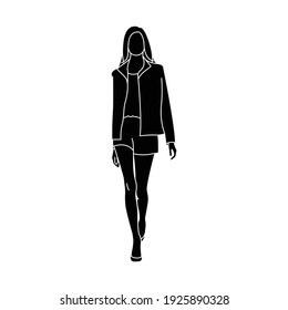 Walking model on the catwalk. Black silhouette of woman in jacket and shorts. Vector