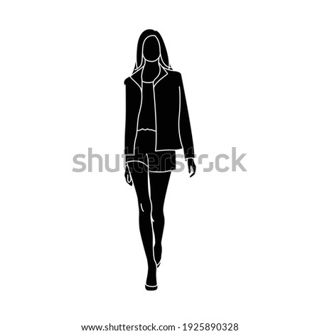 Walking model on the catwalk. Black silhouette of woman in jacket and shorts. Vector