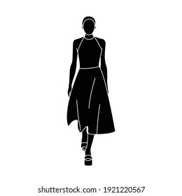 Walking Model On The Podium. Black Silhouette Of Woman. Girl In A Dress. Vector