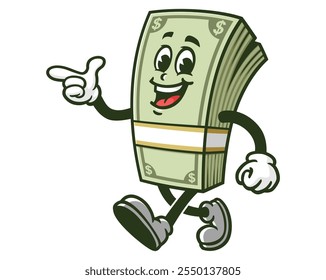 Walking Money Cash with pointing finger pose, Cartoon Mascot Illustration Character Vector Clip-art Hand-drawn Logo Design