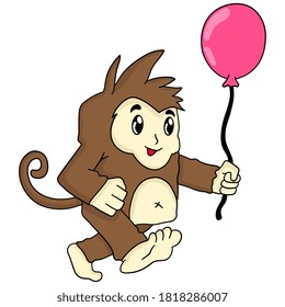 wandelnder Affe mit Ballons. Cartoon-Illustrationsticker