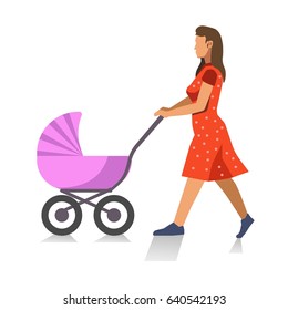 Walking mother with baby carriage isolated on white