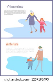 Walking mum with kid in wintertime in down-jacket and winter-suit with scarf and mittens with hat. Set of cards with text and people in warm clothes vector