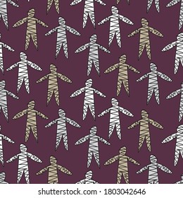 Walking mummies seamless vector halloween pattern. Spooky doodle surface print for fabrics, stationery, textiles, scrapbook paper, gift wrap, and packaging.