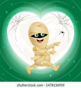 Walking mummy with moon in  heart shape. Halloween cartoon character design. Illustration on green background.