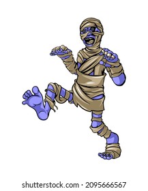 Caminar hasta la momia levanta la mano para asustar.
Ilustración vectorial.