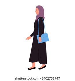 Mujer de negocios musulmana caminando con bolsa. Gerente mujer árabe va a trabajar ilustración vectorial de dibujos animados