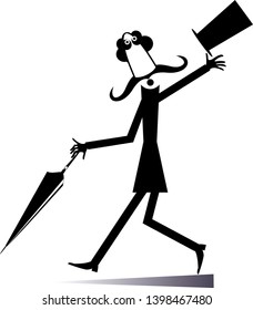 Walking mustache man in the top hat isolated illustration. Long mustache man in the top hat walking with umbrella black on white illustration
