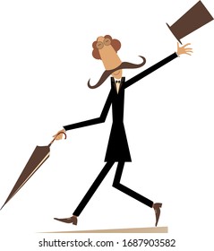 Walking mustache man in the top hat isolated illustration. Cheerfulness long mustache man in the top hat walking with umbrella isolated on white illustration
