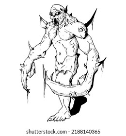 Walking mutant with claws. Vector illustration isolated on a white background. Hand-drawn style.