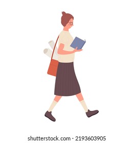 Walking nerd girl holding book. Geek female student reading and learning vector illustration