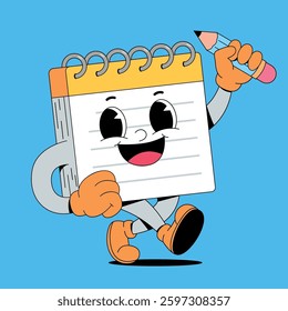 Walking note holding pencil retro cartoon