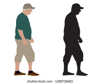 Walking old man and silhouette, vector illustration, isolated on white background.