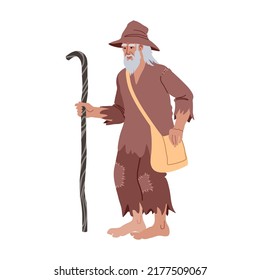 A walking old tramp with a stick and a travel bag. Poor ragamuffin. Vector illustration isolated on a white background in a cartoon and flat design.