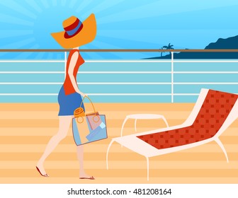 Walking on A Cruise Ship Deck - Woman walking on a cruise ship deck ready to sit and relax in a deck chair to read