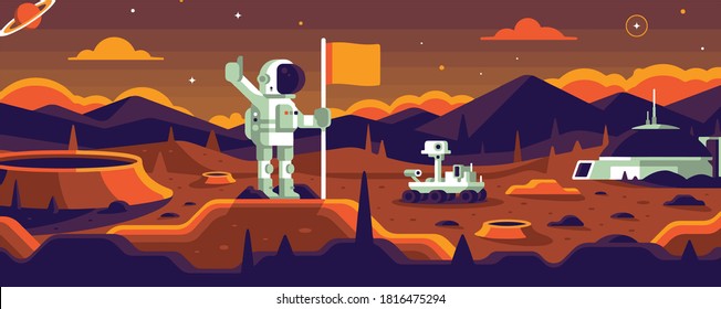 Walking on the moon spaceman with flag and moon base