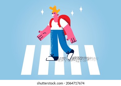 Walking on pedestrian cross concept. Smiling schoolboy pupil with backpack cartoon character walking on crosswalk feeling confident vector illustration 