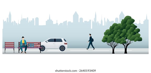 Walking on the roadway .Freelancer working on a laptop while sitting on a bench, student walking on the sidewalk with a backpack, and a car passing by, capturing urban lifestyle and responsibility