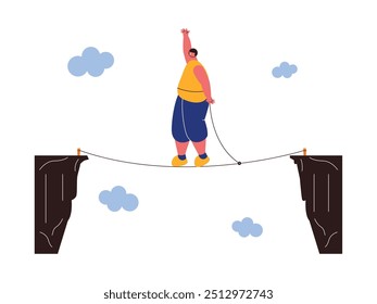 Walking on a tightrope, doing a challenge, extreme sports vector illustration.