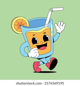 Walking orange drink retro cartoon mascot