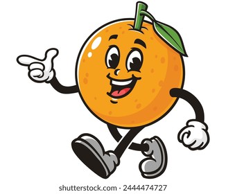 walking Orange fruit with pointing finger cartoon mascot illustration character vector clip art hand drawn