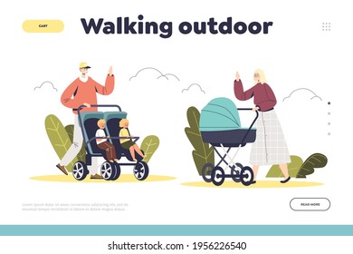 Walking outdoors with kid in pram concept of landing page with people push carriages with little children in park. Happy parents and babies daily routine. Cartoon flat vector illustration