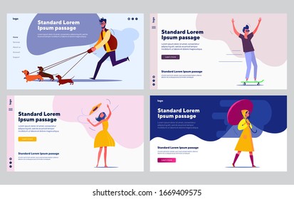 Walking outside set. Men and women walking dogs, skateboarding, walking in rain. Flat vector illustrations. Activity, leisure, recreation concept for banner, website design or landing web page