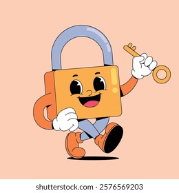 Walking padlock with key retro cartoon