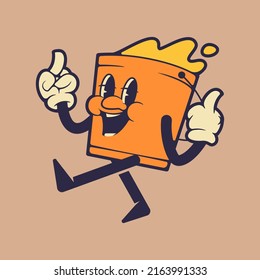 Walking paint bucket character while raising hands. Retro vintage mascot illustration.