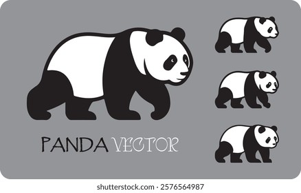 Walking Panda Vector Silhouette Black and White Design with Multiple Poses - EPS File for Creative Projects