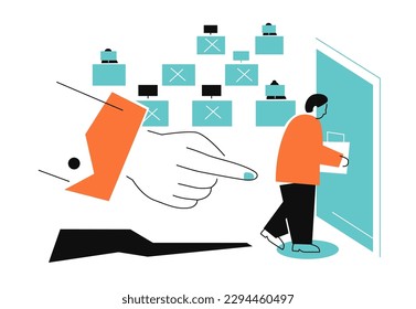 Papel de marcha - ilustración de diseño plano colorido con elementos lineales. Imagen de color naranja y azul claro con el jefe despidiendo al trabajador. Muchos trabajos vacíos. Idea sobre cuestiones de contratación